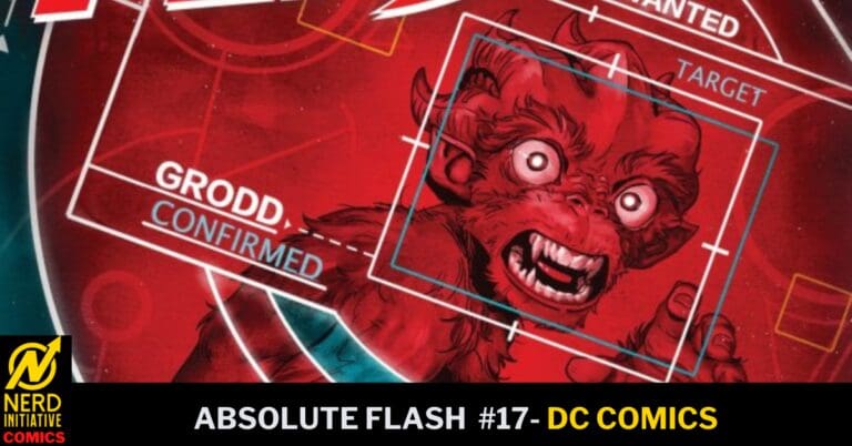 Red Grodd portrait with white targeting frames and HUD text reading GRODD CONFIRMED on a DC Comics Absolute Flash #17 cover.