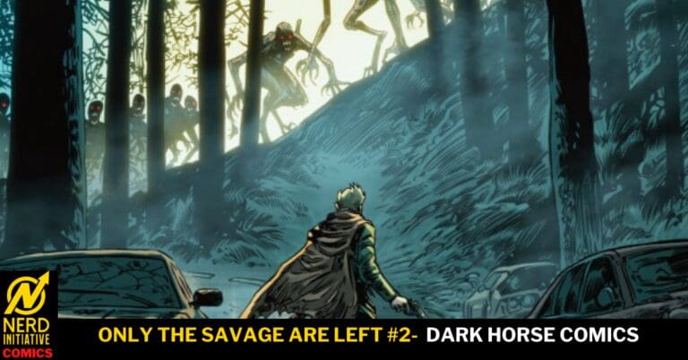 A lone cloaked figure with a sword approaches a horde of zombie-like creatures in a dark forest, with wrecked cars in the foreground and eerie backlight.