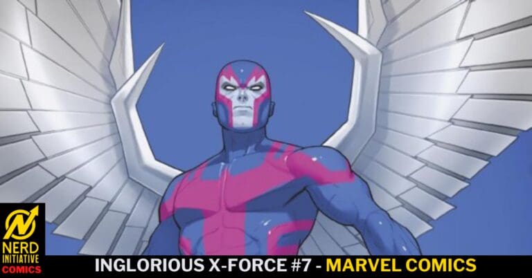 Winged superhero in a pink and blue suit with large white feathered wings against a blue sky; Nerd Initiative Comics logo visible in the bottom-left corner.