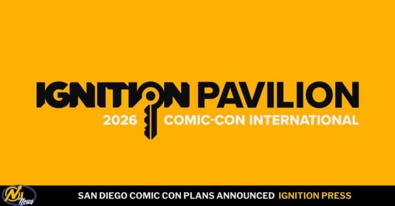 Ignition Pavilion 2026 Comic-Con International on a bright yellow background with a black key graphic between words; bottom black banner mentions plans announced by Ignition Press and ND News logo nearby.