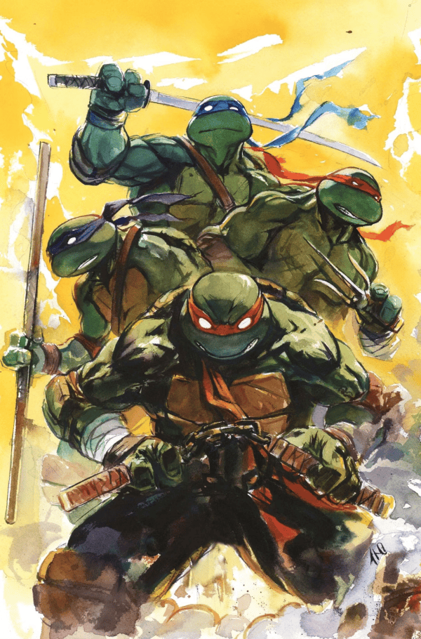 Four green Teenage Mutant Ninja Turtles in dynamic battle poses with their weapons against a yellow sky background.