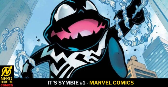 Comic cover with a large black symbiote figure looming over a city; bottom text reads 'IT'S SYMBIE #1 - MARVEL COMICS'.