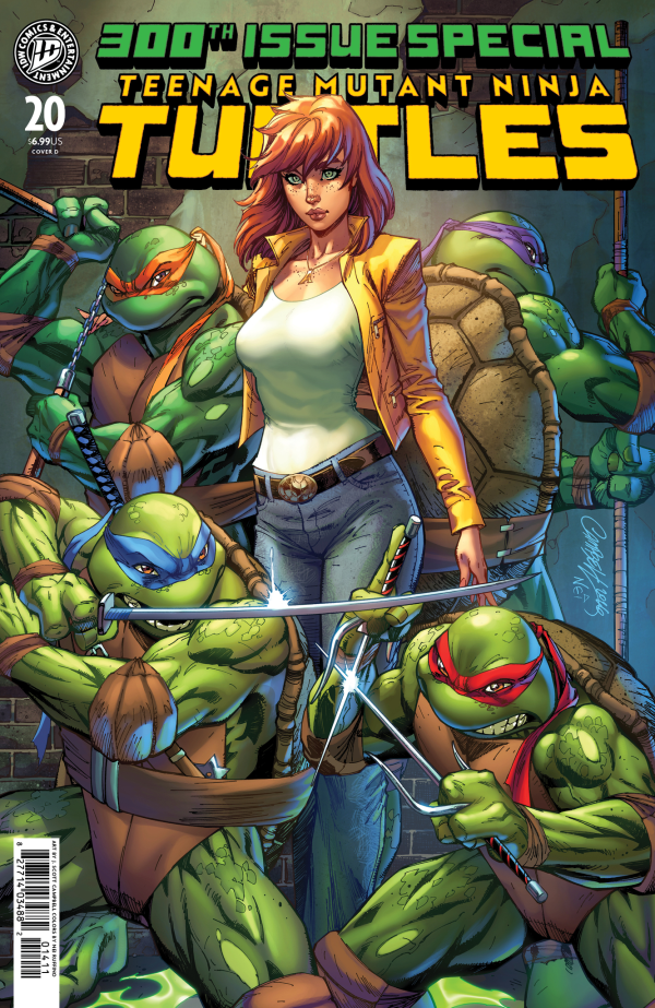 April O'Neil stands center among the four turtles, ready for action in a comic-book cover for the 300th issue special.