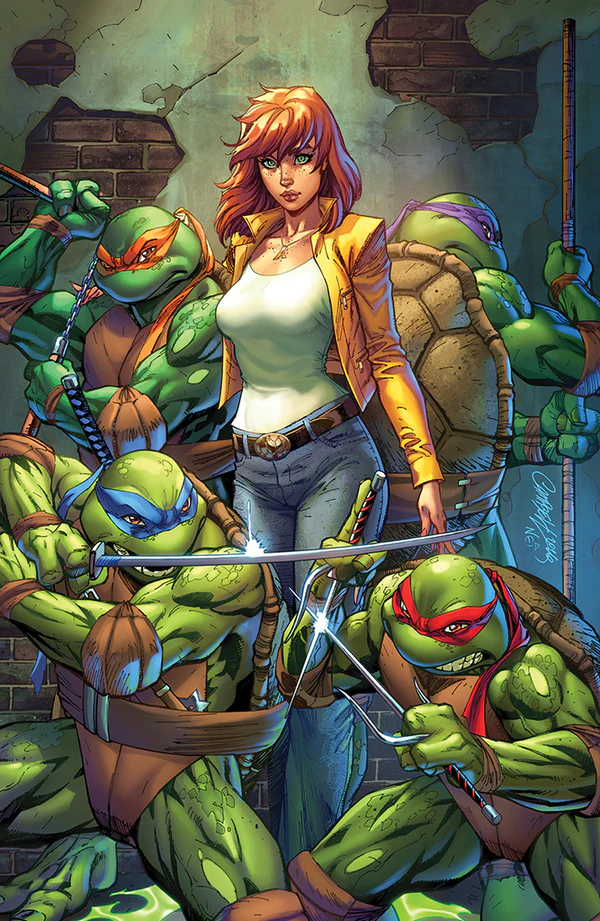 April O'Neil stands in a ruined room with the four Ninja Turtles, swords drawn, ready to fight in a comic-style scene.