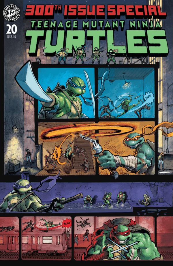 TMNT 300th issue special cover showing action-packed panels with the four turtles and a bold 'TEENAGE MUTANT NINJA TURTLES' title above.