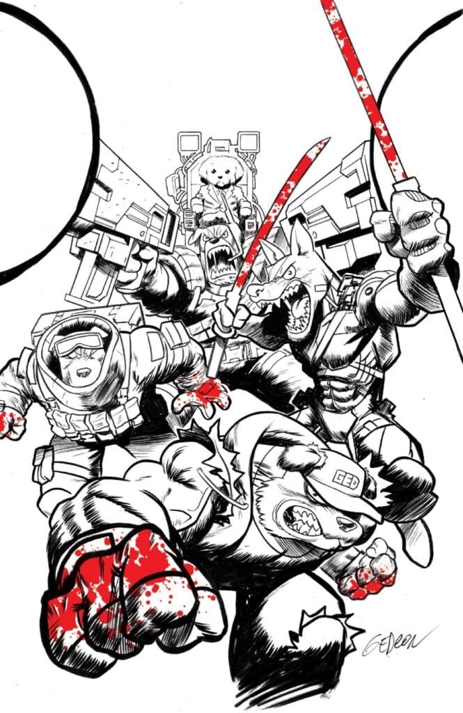 Group of armored fighters—wolf, gorilla, dinosaur-like creature, and human—charging with swords and guns in a brutal, blood-splattered battle.