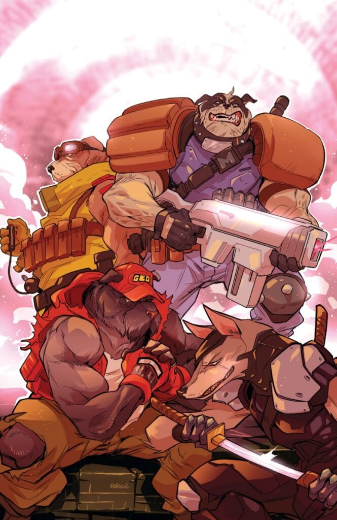 Four armored animal warriors pose in a dynamic battle scene, each with weapons, against a pink sky background.