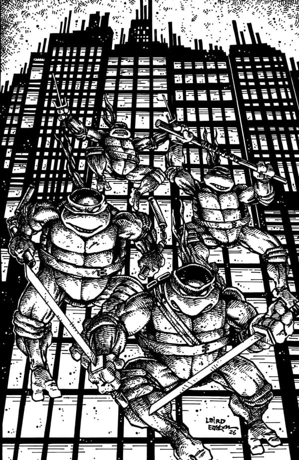 Four humanoid turtles in masks wielding swords battle across a city rooftop with tall buildings in the background.