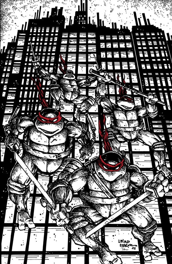 Comic-style scene: four ninjas in red masks wielding swords, fighting on a rooftop above a city skyline.