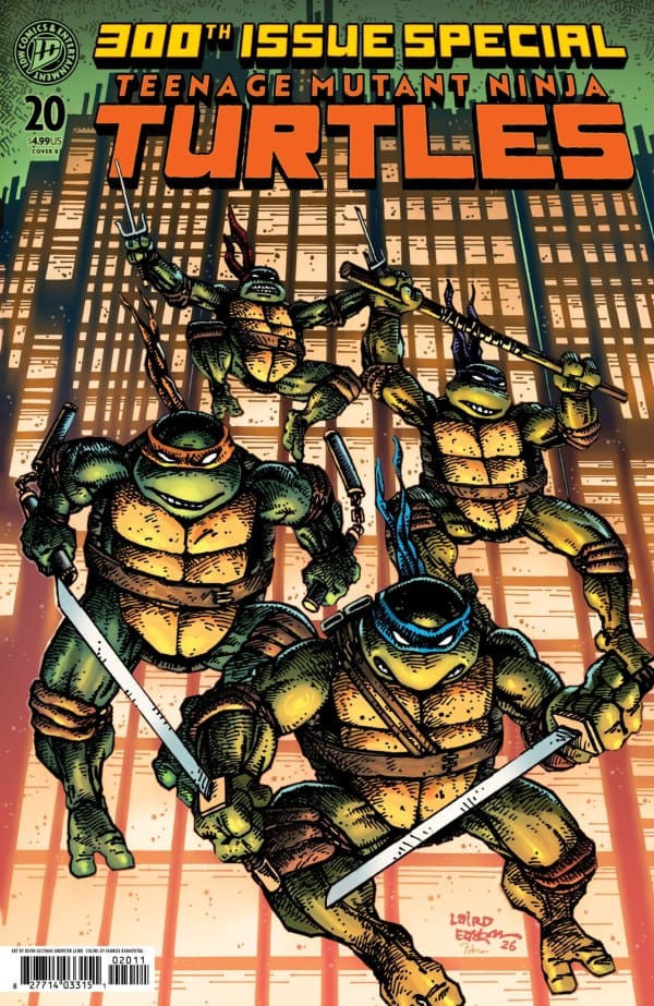 Comic book cover: four Ninja Turtles in colored masks wielding swords leap in front of a glowing city skyline; titled 'TMNT 300th Issue Special' with bold 'TURTLES' lettering.