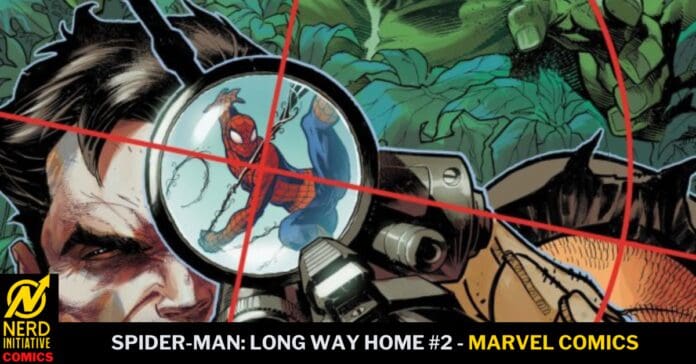 Spider-Man seen through a sniper scope reticle on the cover of Spider-Man: Long Way Home #2 (Marvel Comics). Logo and banner visible at bottom left and across the bottom edge.
