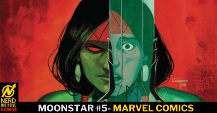 Comic book cover: split-portrait of Moonstar against a red background, left half green and right half blue, with 'Moonstar #5 - Marvel Comics' banner at the bottom and Nerd Initiative Comics logo in the lower-left.