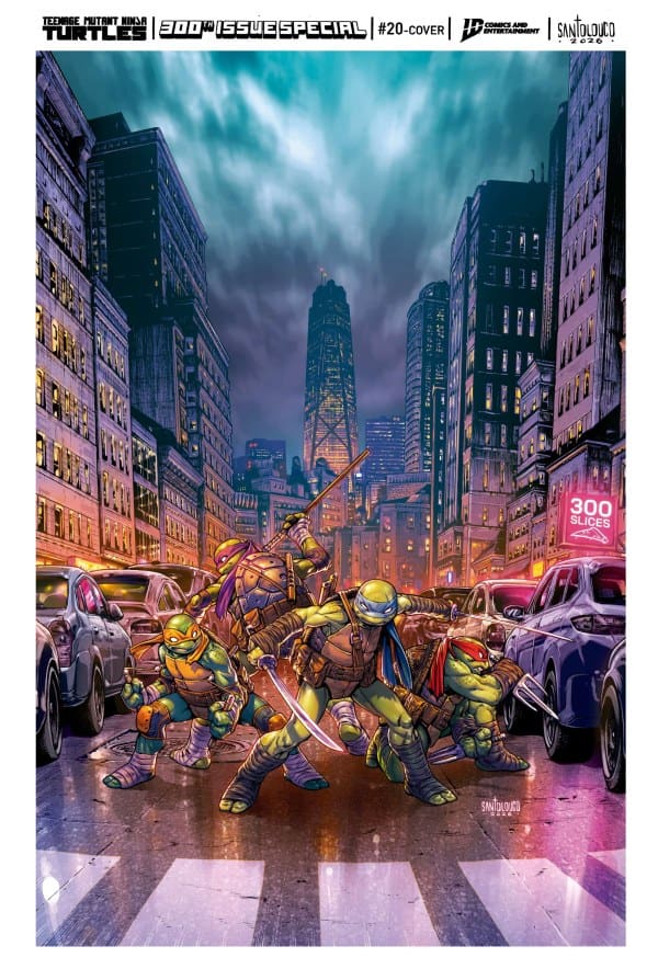 Comic cover: the four Teenage Mutant Ninja Turtles battle in a neon-lit city street with swords drawn, cars around, dramatic skyline behind them.