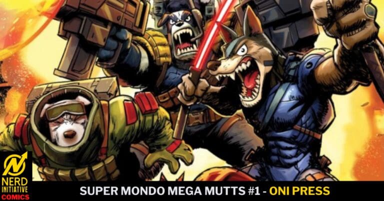 Comic book cover with armored, fighting anthropomorphic dogs; one snarling with a red lightsaber, flames in the background, and the title 'Super Mondo Mega Mutts #1' ( Oni Press) at the bottom.