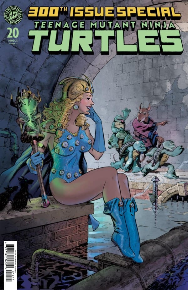TMNT 300th issue special cover: a blonde queen in blue armor seated by a sewer, turtles in the background on the right.
