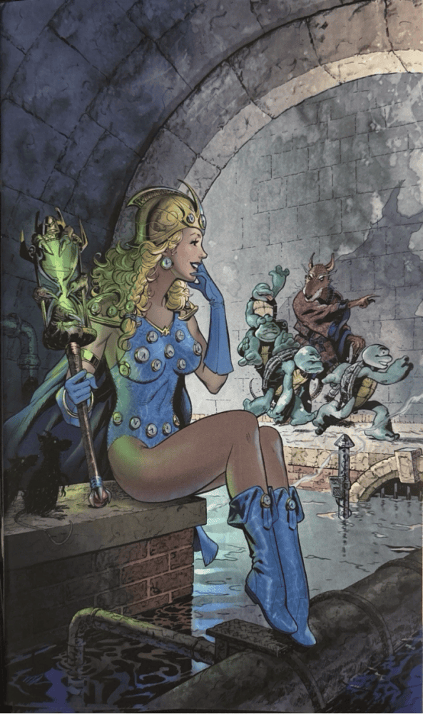 A fantasy princess in a blue outfit and crown sits on a brick ledge beside a sewer, holding a glowing staff while green creatures emerge from the water in a stone tunnel.