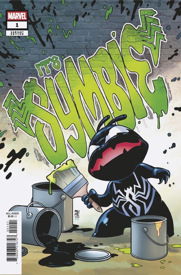 Comic cover with a black, spider-patterned symbiote creature painting lime graffiti letters on a blue brick wall, surrounded by paint cans and spilled paint.