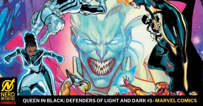 Comic book cover for Marvel's Queen in Black: Defenders of Light and Dark #1, featuring a large blue, menacing face with sharp teeth surrounded by colorful heroes, and Nerd Initiative Comics logo in the bottom-left.