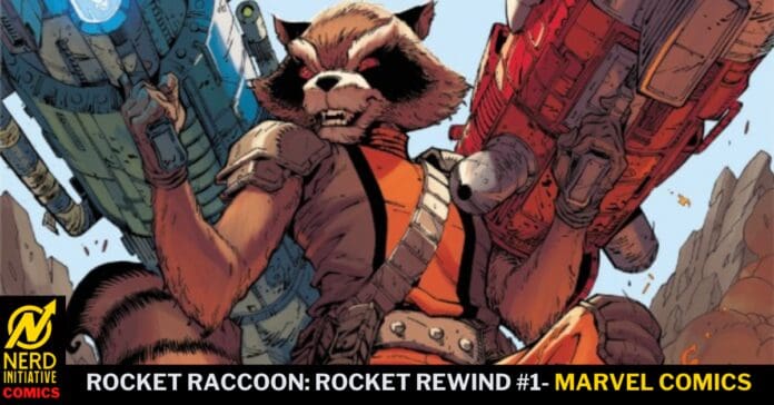 Rocket Raccoon in an orange suit wields blasters, with a blue and red sci-fi backdrop and the Marvel Comics banner behind him.