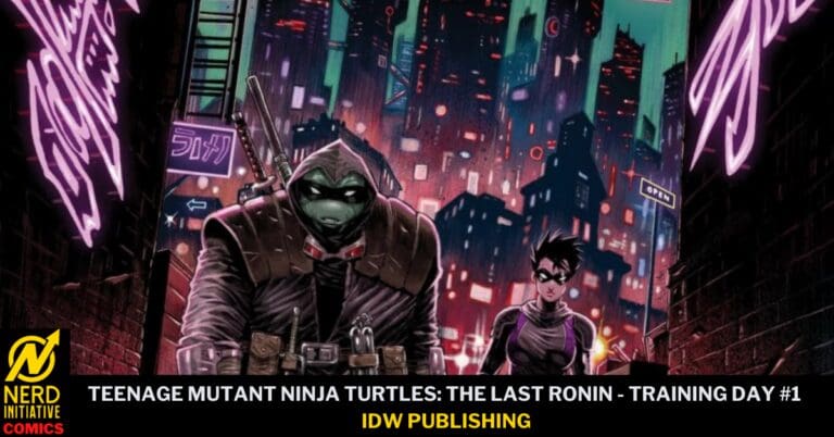 Comic book cover: two armored ninjas in a neon-lit city alley, title reads 'Teenage Mutant Ninja Turtles: The Last Ronin – Training Day #1', IDW Publishing present.
