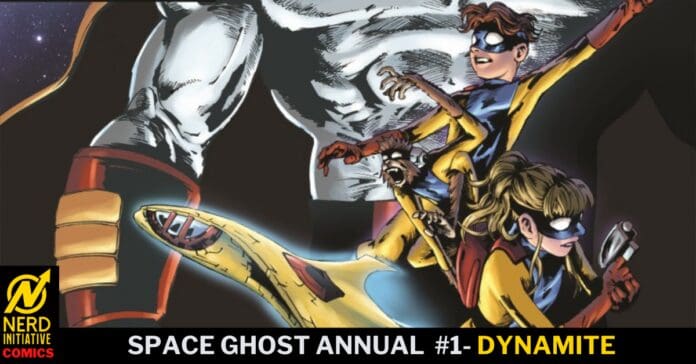 Space Ghost Annual #1 cover: costumed heroes in yellow and blue battle a giant white creature; Dynamite imprint, Nerd Initiative logo bottom-left.