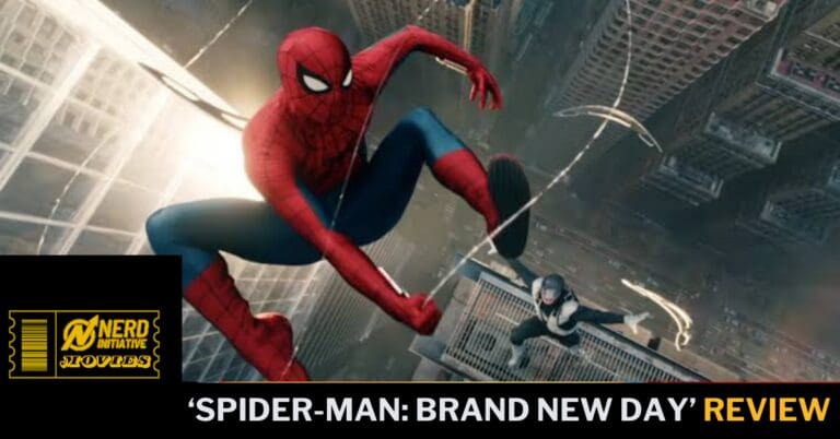 Spider-Man swings between skyscrapers in red and blue suit on a Nerd Initiative Movies review thumbnail for 'Spider-Man: Brand New Day'.