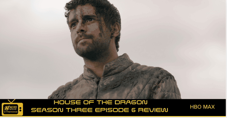 Man with dirt on his face and a rugged jacket looks upward; bottom banner reads 'House of the Dragon' review.