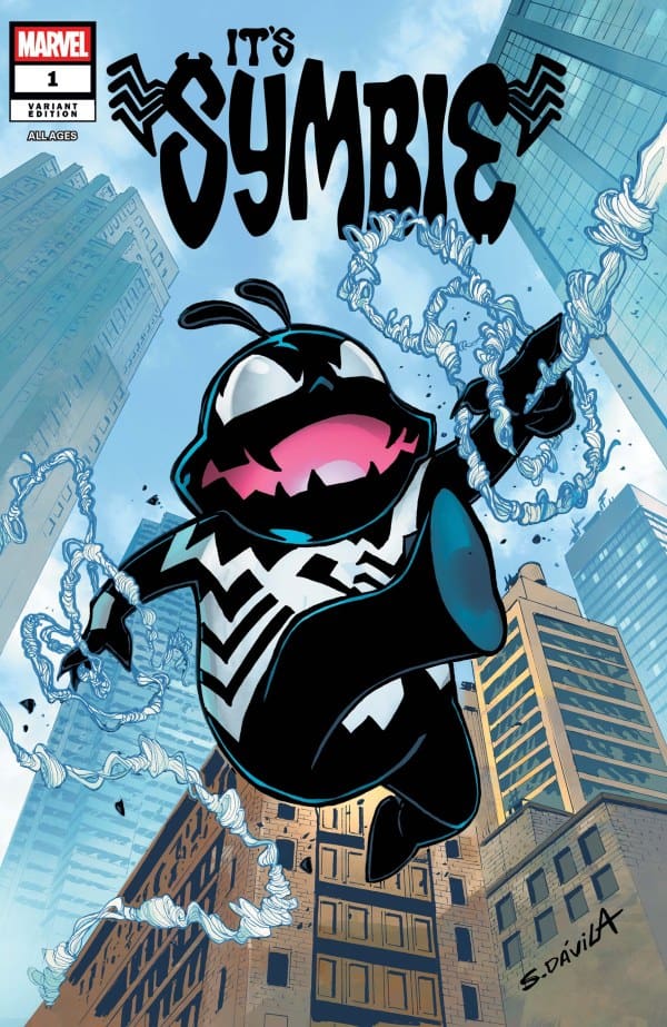 Comic book cover showing a black-and-white symbiote character leaping through a city street, blue sky, spiraling tangles of tendrils, Marvel logo in the corner.