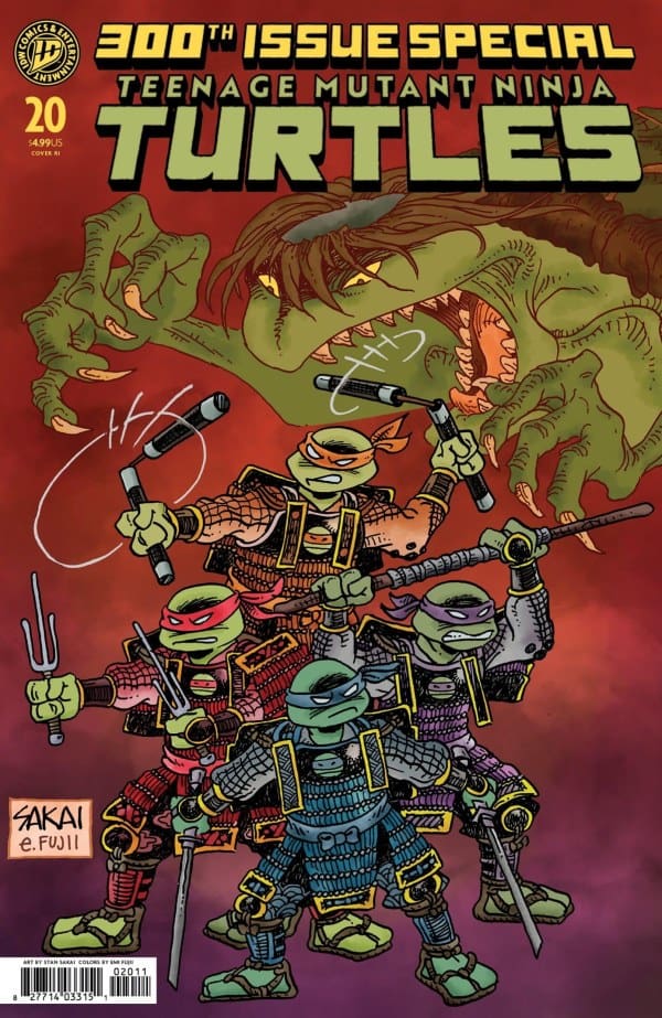 Comic book cover: '300th Issue Special' TMNT with the word 'TURTLES' across the top; four Ninja Turtles in colored masks and armor stand ready with weapons in front of a large green dragon-like monster on a red background.