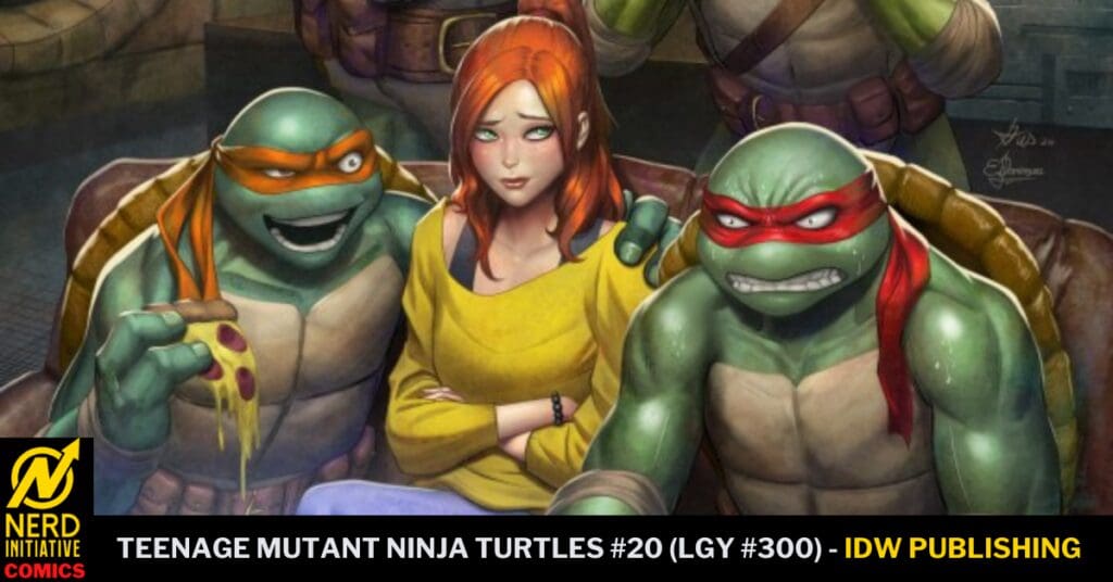 April O'Neil in a yellow top sits between two Ninja Turtles, one with an orange mask and the other with a red mask, on a TMNT #20 cover