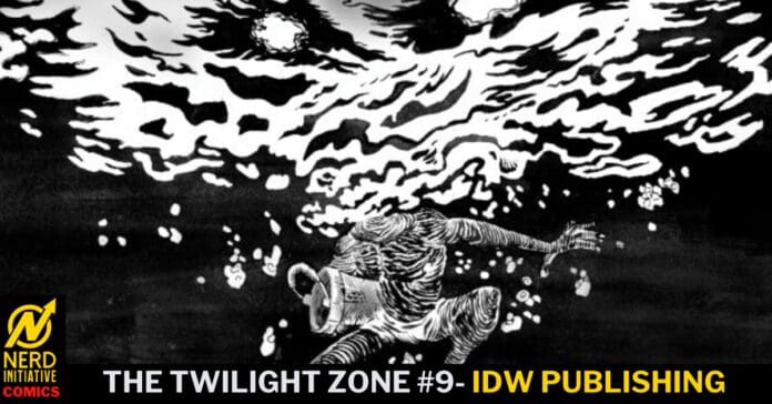 Comic cover for The Twilight Zone #9 by IDW Publishing, featuring a person in a diving suit falling through dark water with white waves above.