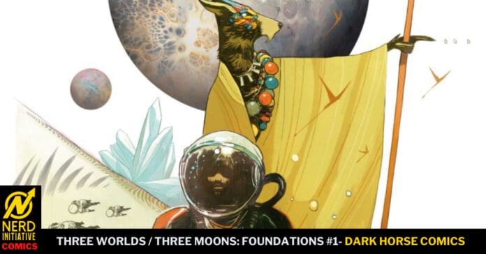 Comic book cover for Dark Horse's Three Worlds / Three Moons: Foundations #1, featuring a robed alien figure with a space helmet and colorful necklace, against a cosmic background with planets.