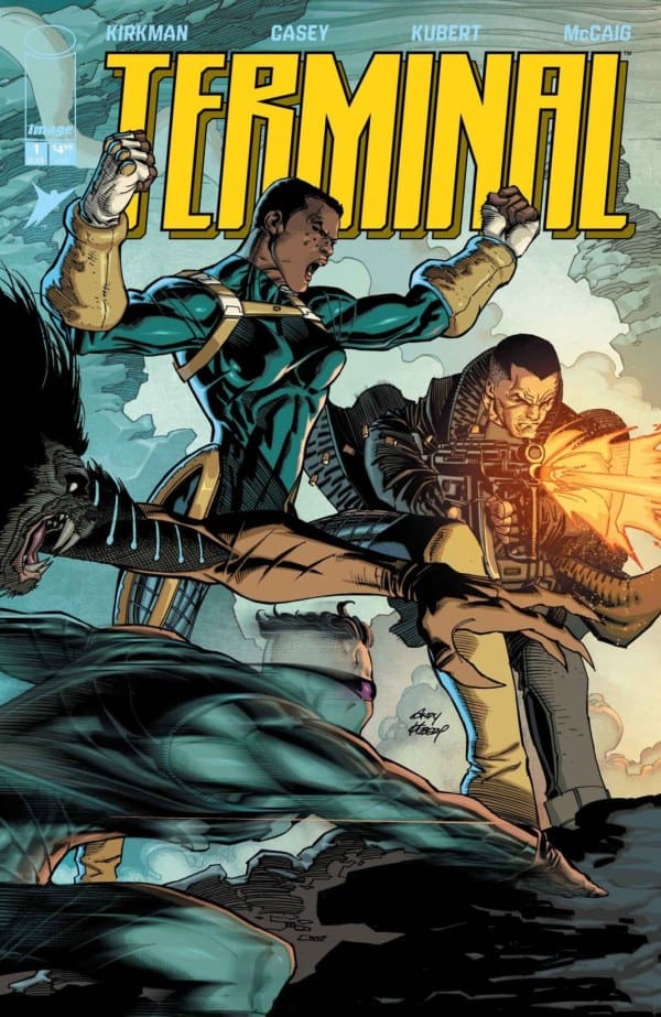Comic book cover with the bold yellow title TERMINAL; two heroes in teal and brown gear fire weapons and clash in a chaotic battle.