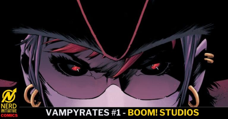 Close-up on a hooded vampire with red eyes, purple skin tones, and sharp features on a comic cover for Vampyrates #1 (Boom! Studios).