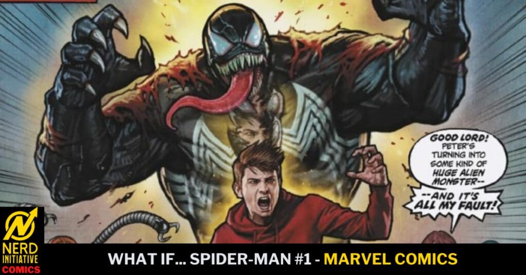 A huge alien creature towers over a man in a red hoodie, its clawed hands reaching forward as it lunges toward him in a comic panel. The speech bubble says the person may be turning into a monster.