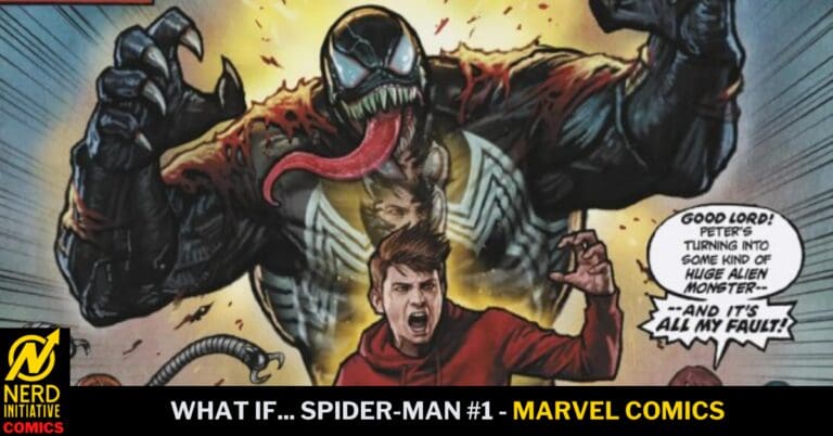 A huge alien creature towers over a man in a red hoodie, its clawed hands reaching forward as it lunges toward him in a comic panel. The speech bubble says the person may be turning into a monster.