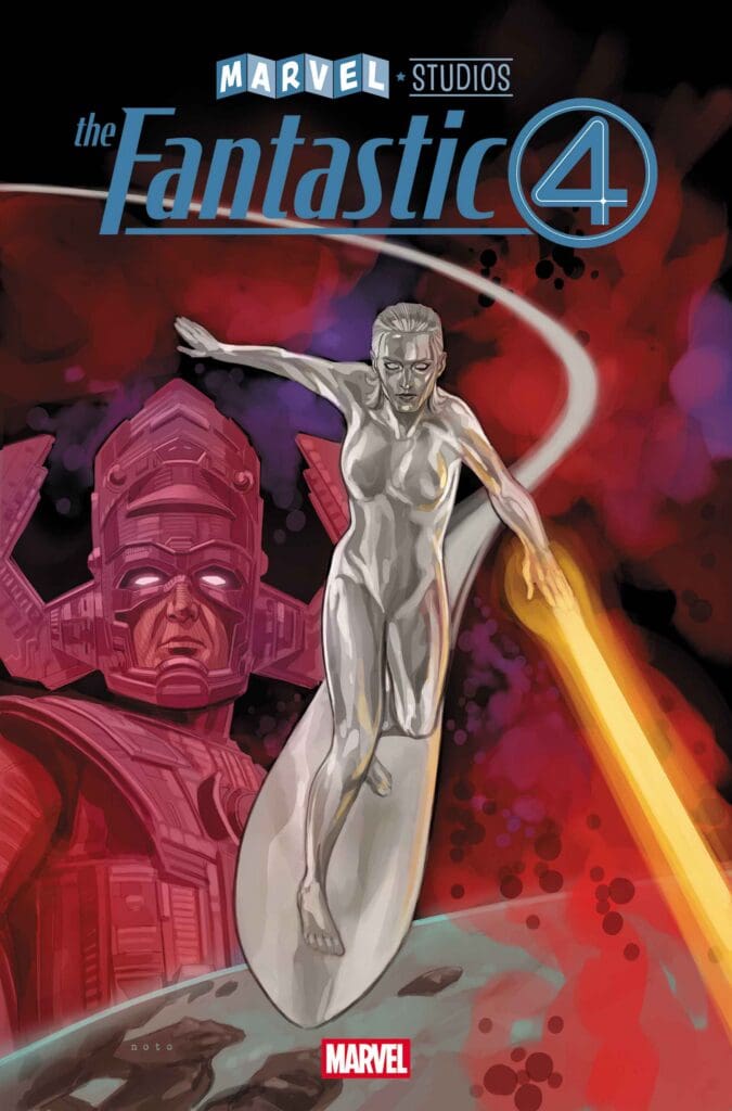 Comic cover: Silver Surfer gliding on a board in front of Doctor Doom amid red cosmic swirls; title 'The Fantastic Four' and Marvel logos.