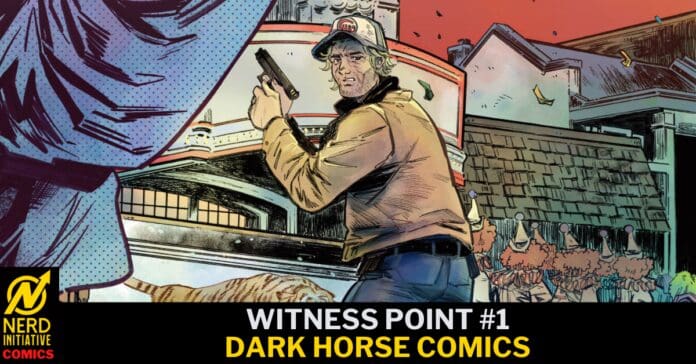 Comic book cover: a man in a tan jacket and cap fires a handgun, facing a building as a crowd watches in the background; title reads 'WITNESS POINT #1' with 'DARK HORSE COMICS' at the bottom, Nerd Initiative Comics logo in the corner.