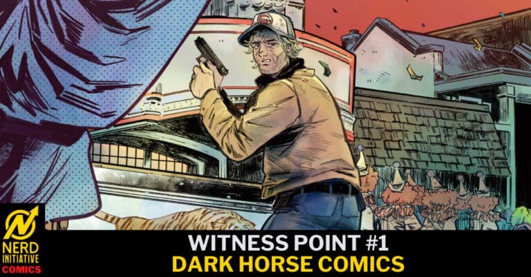 Comic book cover: a man in a tan jacket and cap fires a handgun, facing a building as a crowd watches in the background; title reads 'WITNESS POINT #1' with 'DARK HORSE COMICS' at the bottom, Nerd Initiative Comics logo in the corner.
