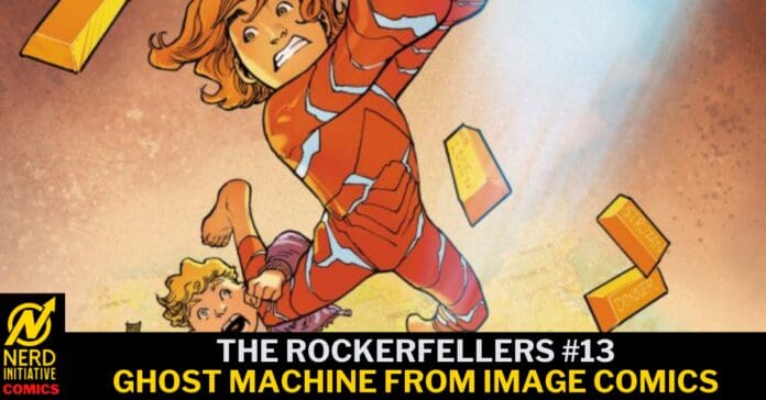 Comic book cover: a red-suited superhero punches forward as bricks fly around, with the title 'THE ROCKERFELLERS #13' and 'GHOST MACHINE' text visible.
