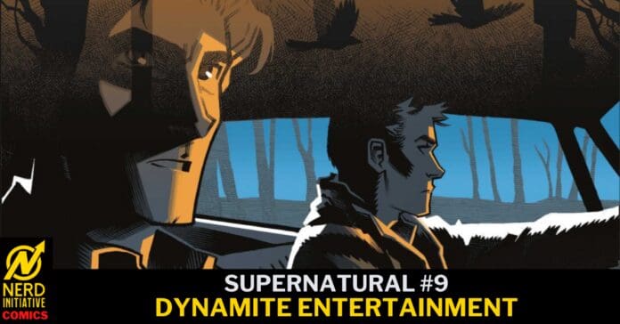 Comic book cover for Supernatural #9 (Dynamite Entertainment): two men in a car at night with a dark forest outside; Nerd Initiative Comics logo.