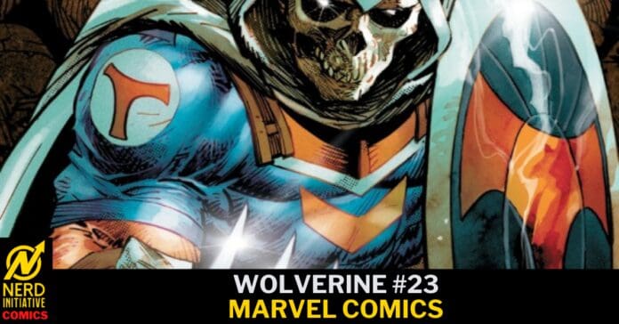 Comic book cover featuring a skull-faced hero in blue armor with orange highlights and a shield on the right, captioned 'Wolverine #23' and 'Marvel Comics' at the bottom.