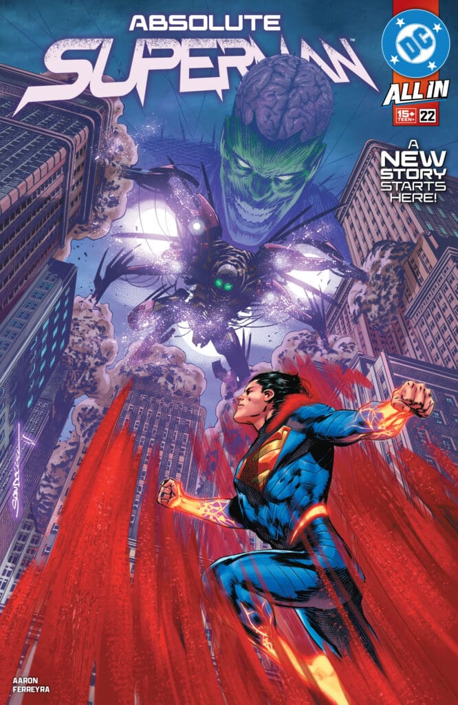Comic book cover: Superman in blue suit and red cape flies over a city toward a glowing brain-headed villain among skyscrapers, with 'Absolute Superman' at the top.