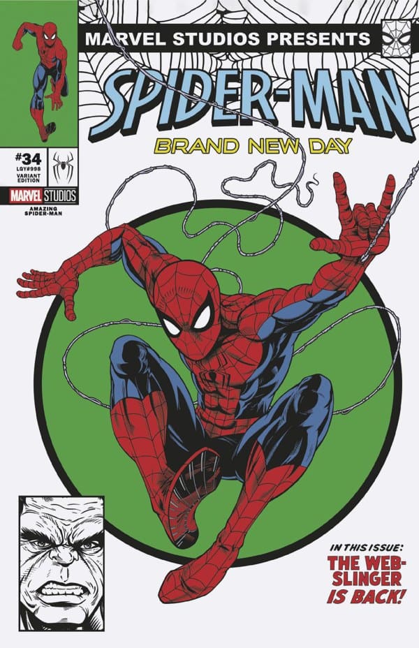 Comic book cover featuring Spider-Man mid-swing inside a green circle; title 'Spider-Man Brand New Day' above, inset close-up of a snarling villain, and 'The Web-Slinger Is Back' text in the corner.