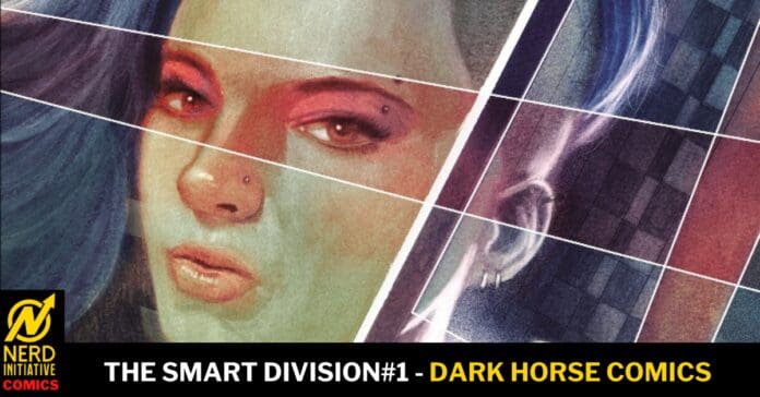 Collage-style comic cover showing a close-up of a woman with blue hair, divided into angled panels, with a dark banner at the bottom reading 'THE SMART DIVISION #1 - DARK HORSE COMICS' and the Nerd Initiative Comics logo in the lower-left corner.