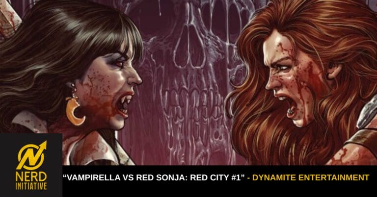 Comic-style illustration of two bloodied, snarling female warriors facing off; title reads 'Vampirella vs Red Sonja: Red City #1' with Dynamite Entertainment branding and Nerd Initiative logo in corner.