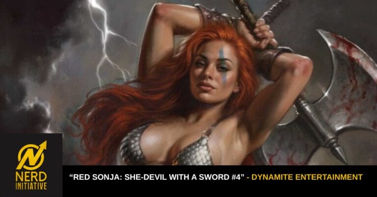 Red Sonja-esque warrior woman with red hair in chainmail bikini, gripping a large battle axe amid a stormy backdrop, Nerd Initiative logo bottom left.