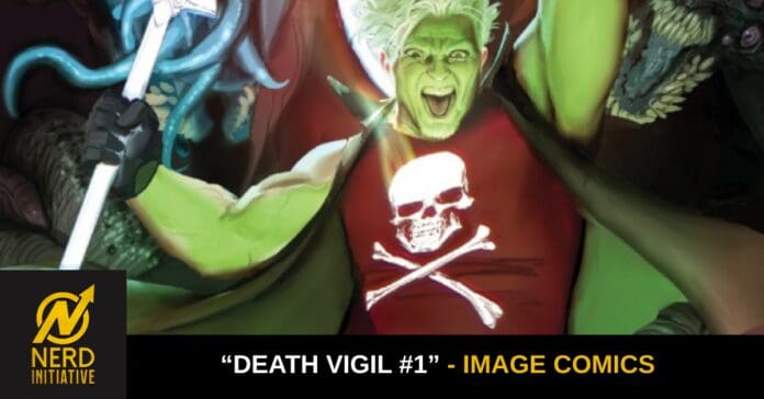 Comic-style banner showing a green-skinned character wielding a sword, wearing a red shirt with a white skull and crossbones; Nerd Initiative logo in the corner.