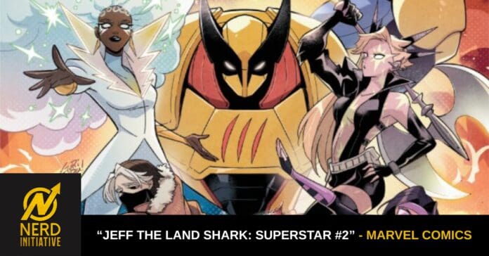 Group of armored superheroes posing dynamically with a large yellow center character; Marvel Comics banner at bottom reads “Jeff the Land Shark: Superstar #2.” by Nerd Initiative logo present on left.