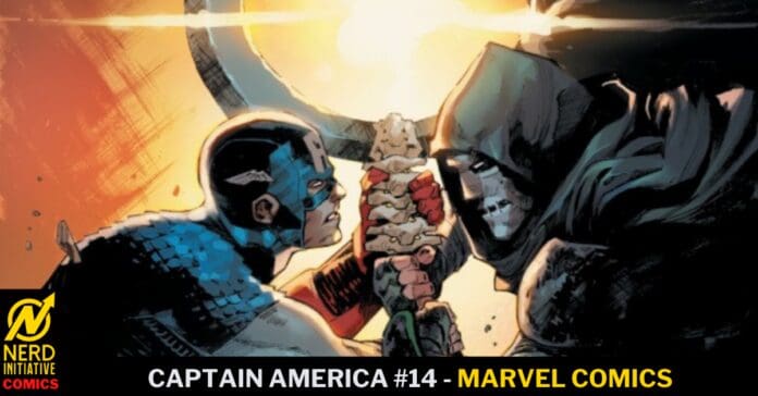 Two superheroes, Captain America and a dark-clad foe, grip a sword-like weapon in a tense face-off on a comic cover.